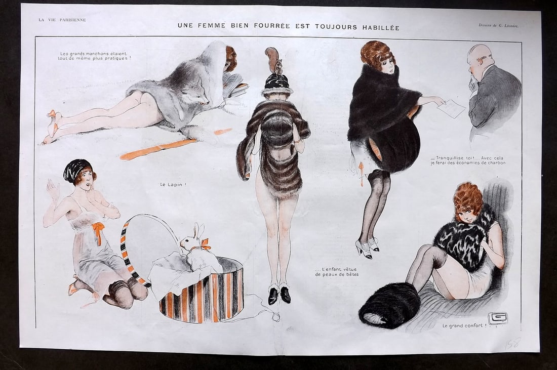 La Vie Parisienne 1917 Art Deco Double Print. Une Femme Bien Fourree est Troujours Habillee by: Lithographs Published 1917, Paris for "La Vie Parisienne" Illustrated by Lissac, Barbier, Vallet, Valee, Prejelan, Herouard, Fournier, Kuhn-Regnier, Georges L?onnec and others. Verso text, but none sh