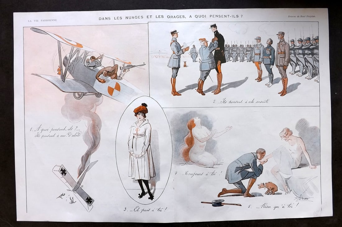 La Vie Parisienne 1917 Art Deco Double Print. Dans les Nuages et Les Orages by Prejelan: Lithographs Published 1917, Paris for "La Vie Parisienne" Illustrated by Lissac, Barbier, Vallet, Valee, Prejelan, Herouard, Fournier, Kuhn-Regnier, Georges L?onnec and others. Verso text, but none sh