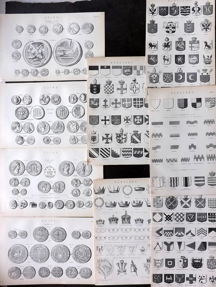 National Encyclopedia 1891 Lot of 9 Prints. Coins & Heraldy (1 of 1)