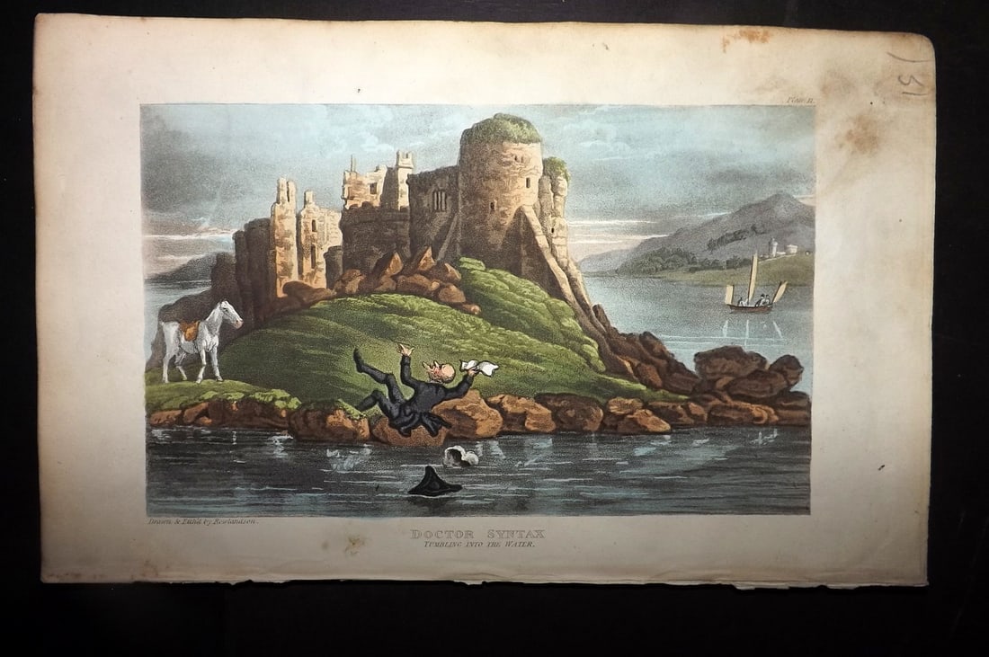 Rowlandson, Thomas 1855 HCol Doctor Syntax Satire Print. Tumbling into the Water (1 of 1)
