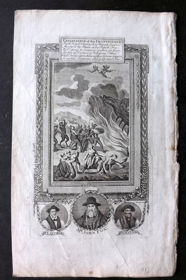 Southwell, Henry, Henry 1785 Folio Martyrs Print. Portraits of Latimer, John Fox, Cranmer: Antique Folio Copper Plate Published 1785, London for "The New Book of Martyrs" by Henry Southwell. Paper Size: 14.5 x 9 inch (37 x 23cm) Very minor margin toning.