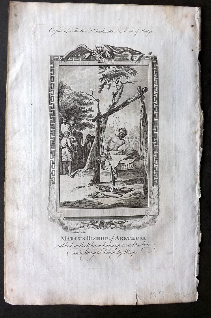 Southwell, Henry 1785 Folio Martyrs Print. Marcus Bishop of Arethusa: Antique Folio Copper Plate Published 1785, London for "The New Book of Martyrs" by Henry Southwell. Paper Size: 14.5 x 9 inch (37 x 23cm) Very minor margin toning.