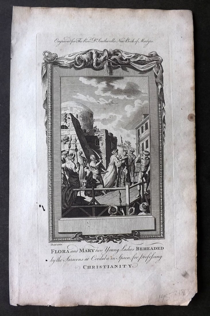 Southwell, Henry 1785 Folio Martyrs Print. Flora and Mary, two Young Ladies Beheaded: Antique Folio Copper Plate Published 1785, London for "The New Book of Martyrs" by Henry Southwell. Paper Size: 14.5 x 9 inch (37 x 23cm) Minor margin toning and spotting.