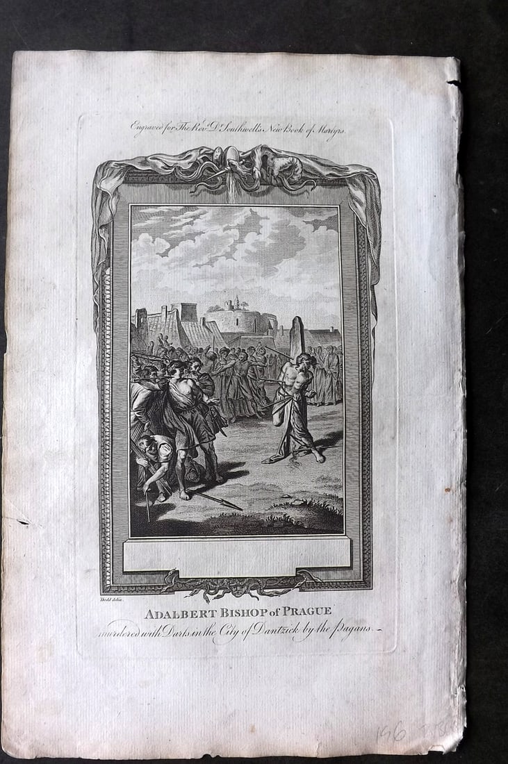 Southwell, Henry 1785 Folio Martyrs Print. Adalbert, Bishop of Prague: Antique Folio Copper Plate Published 1785, London for "The New Book of Martyrs" by Henry Southwell. Paper Size: 14.5 x 9 inch (37 x 23cm) Very minor margin toning.