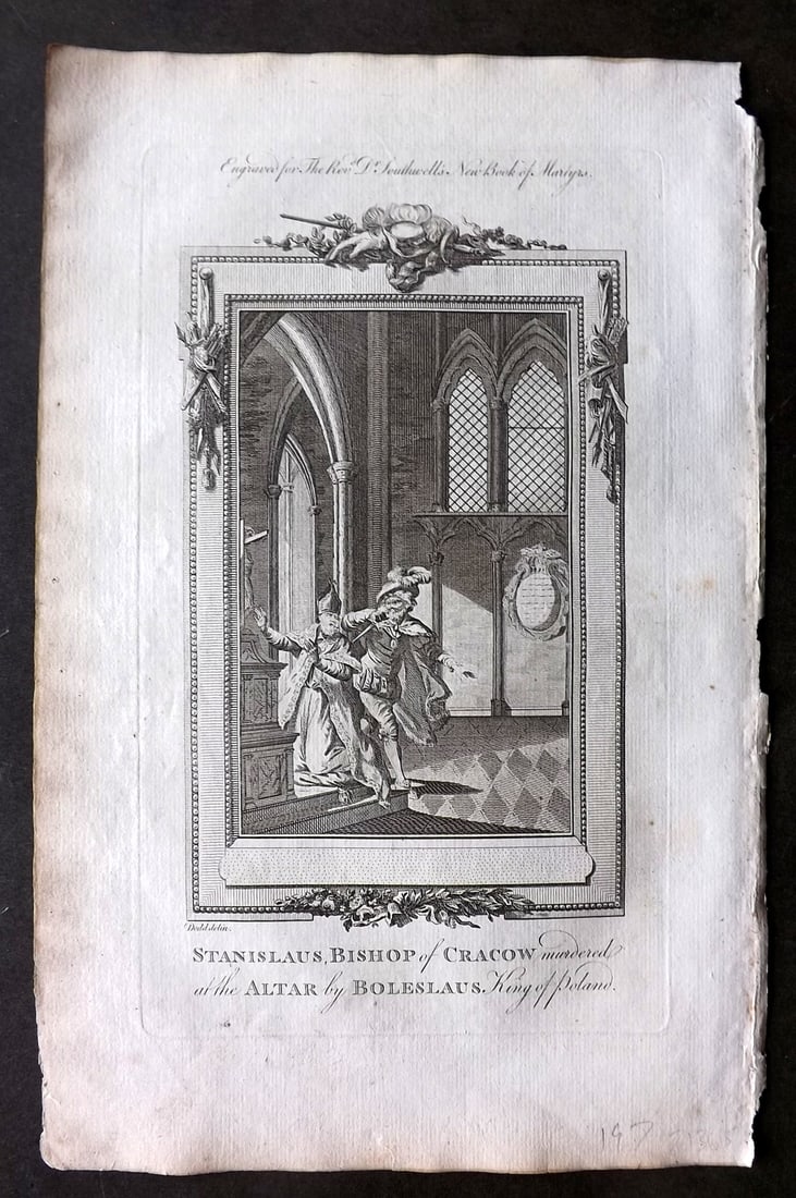 Southwell, Henry 1785 Folio Martyrs Print. Stanislaus, Bishop of Cracow. Poland: Antique Folio Copper Plate Published 1785, London for "The New Book of Martyrs" by Henry Southwell. Paper Size: 14.5 x 9 inch (37 x 23cm) Good Condition