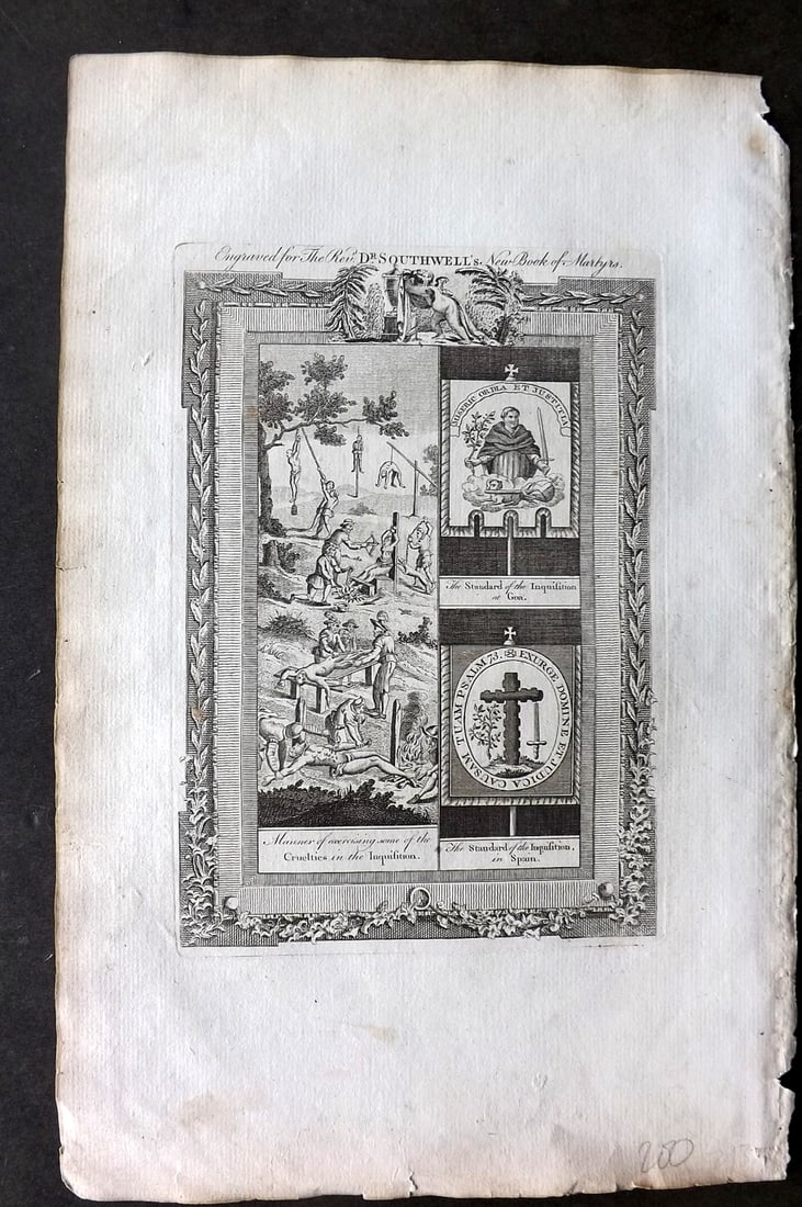 Southwell, Henry 1785 Folio Martyrs Print. Inquisition in Spain & Goa: Antique Folio Copper Plate Published 1785, London for "The New Book of Martyrs" by Henry Southwell. Paper Size: 14.5 x 9 inch (37 x 23cm) Good Condition