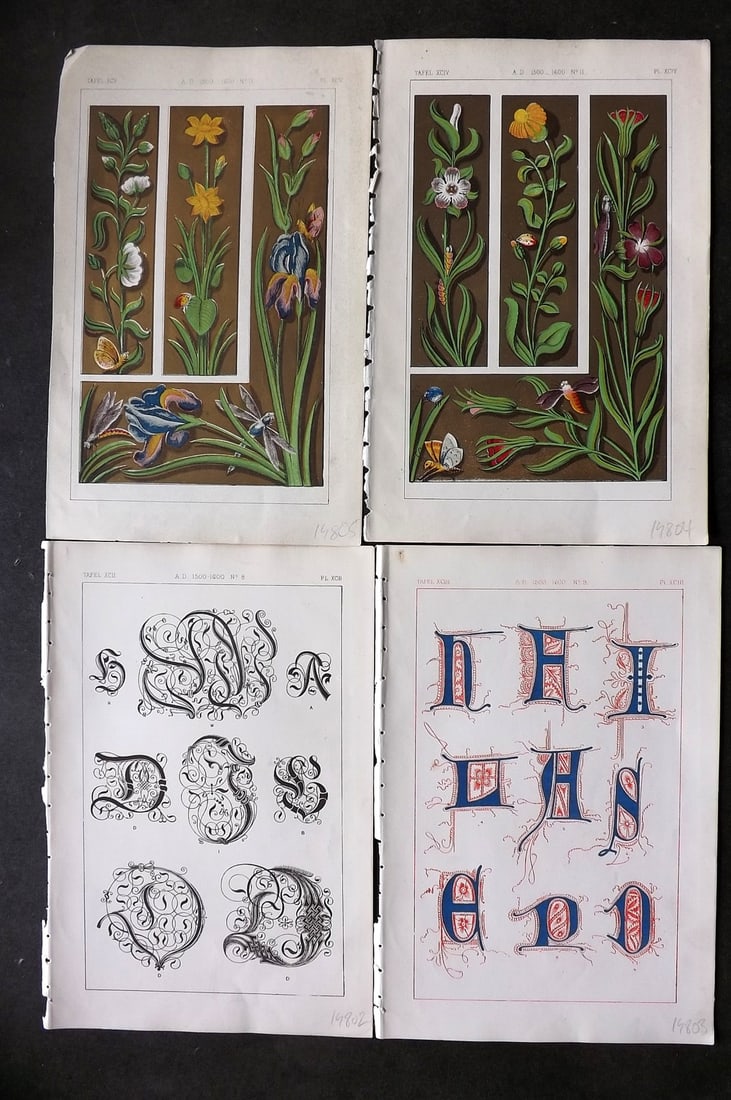 Tymms - Art of Illuminating 1866 Lot of 4 Decorative Prints: Chromolithographs Published 1866, London for "The Art of Illuminating as Practised in Europe from the Earliest Times" by M. Digby Wyatt. Selected & Chromolithographed by William Robert Tymms. Paper Si