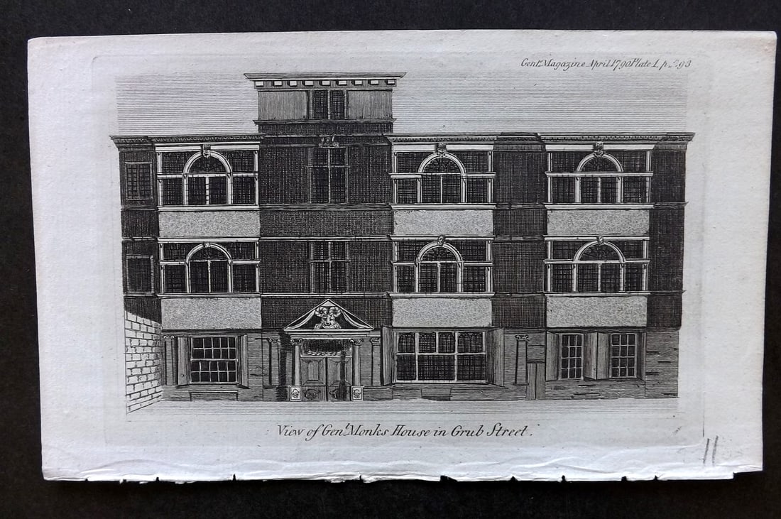 Gentleman's Mag 1790 Print. Gen. Monks House in Grub Street, London (1 of 1)