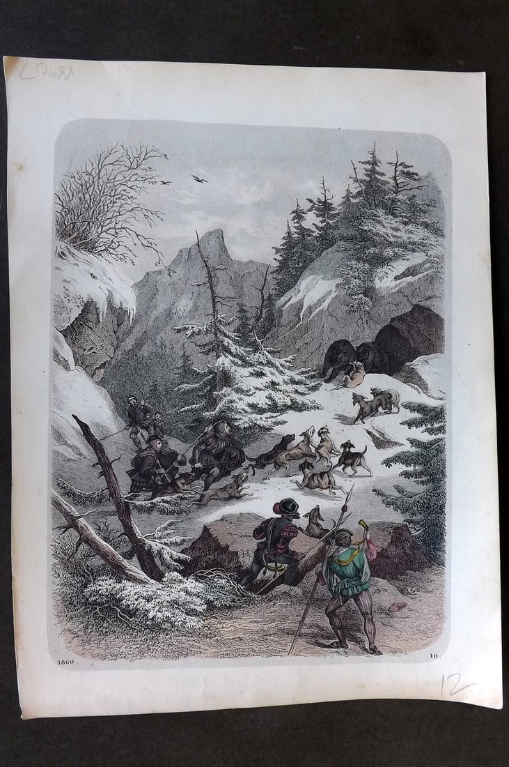 Hoffmann, Carl 1860 Hand Col Print. Bear Hunting, Germany 10 (1 of 1)
