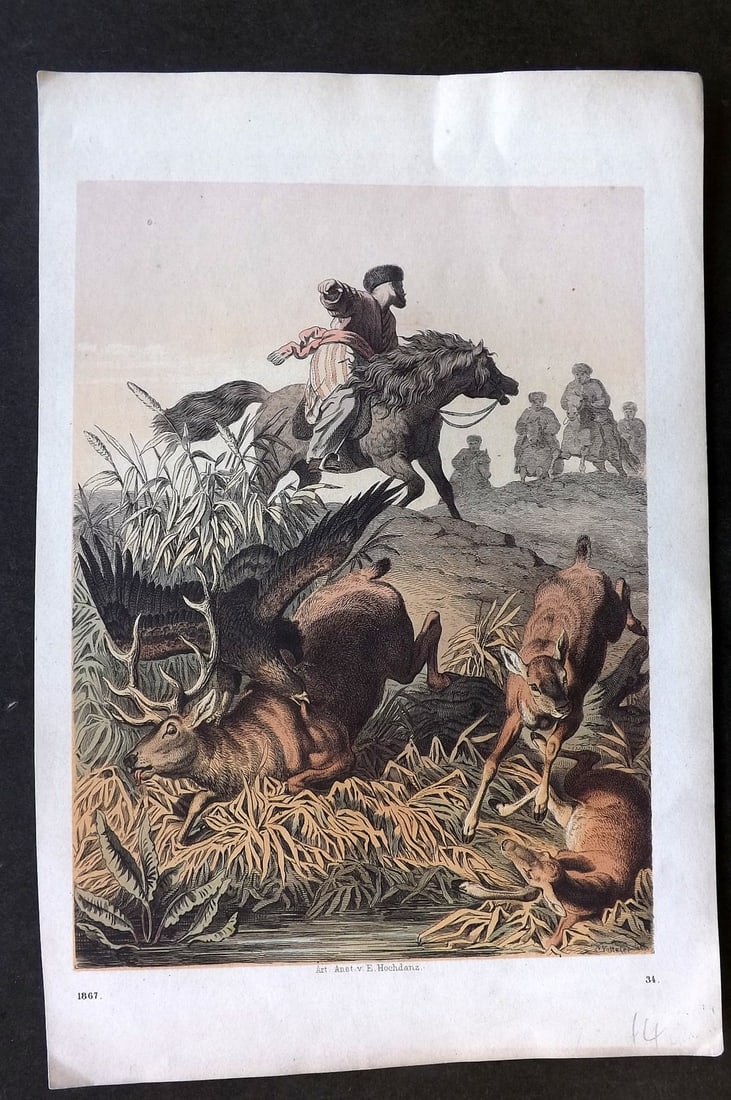 Hoffmann, Carl 1867 HC Print. Central Asia - Kyrgyz on Horseback, Bird attacking Deer 34: Hand Colored Lithograph Published 1842-80, Stuttgart for "Das Buch der Welt" by Carl Hoffmann. Paper Size: 9.5 x 7 inch (25 x 18cm) Approx. Good Condition overall
