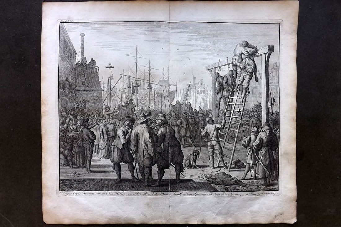 Le Clerc, Jean 1730 LG Print Pacieco hanged, Vlissingen: Copper Plate Published 1730, Amsterdam for "Geschiedenissen der vereenigde Nederlanden" by Jean Le Clerc. Centre fold as published. Paper Size: 16 x 13.5 inch (42 x 34cm) Small closed split on centre 