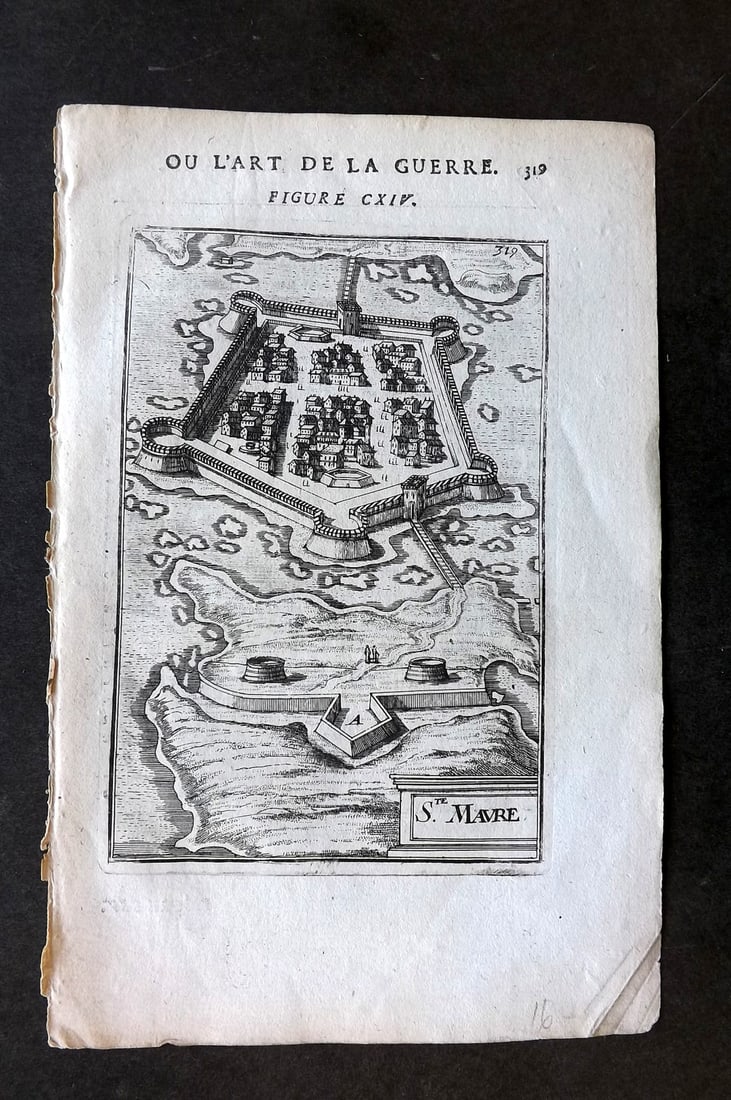 Mallet, Alain 1685 Print. Ste. Maure, Lefkada, Greece: Copper Plate Published 1684-85, Paris for "Les Travaux de Mars, Ou l'Art de la Guerre" First Edition by Alain Manesson Mallet. Unrelated French text to verso. Paper Size: 8 x 5.5 inch (21 x 14cm) Good