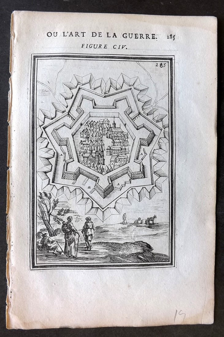 Mallet, Alain 1685 Print. Fortification Design for a French Town: Copper Plate Published 1684-85, Paris for "Les Travaux de Mars, Ou l'Art de la Guerre" First Edition by Alain Manesson Mallet. Unrelated French text to verso. Paper Size: 8 x 5.5 inch (21 x 14cm) Tiny