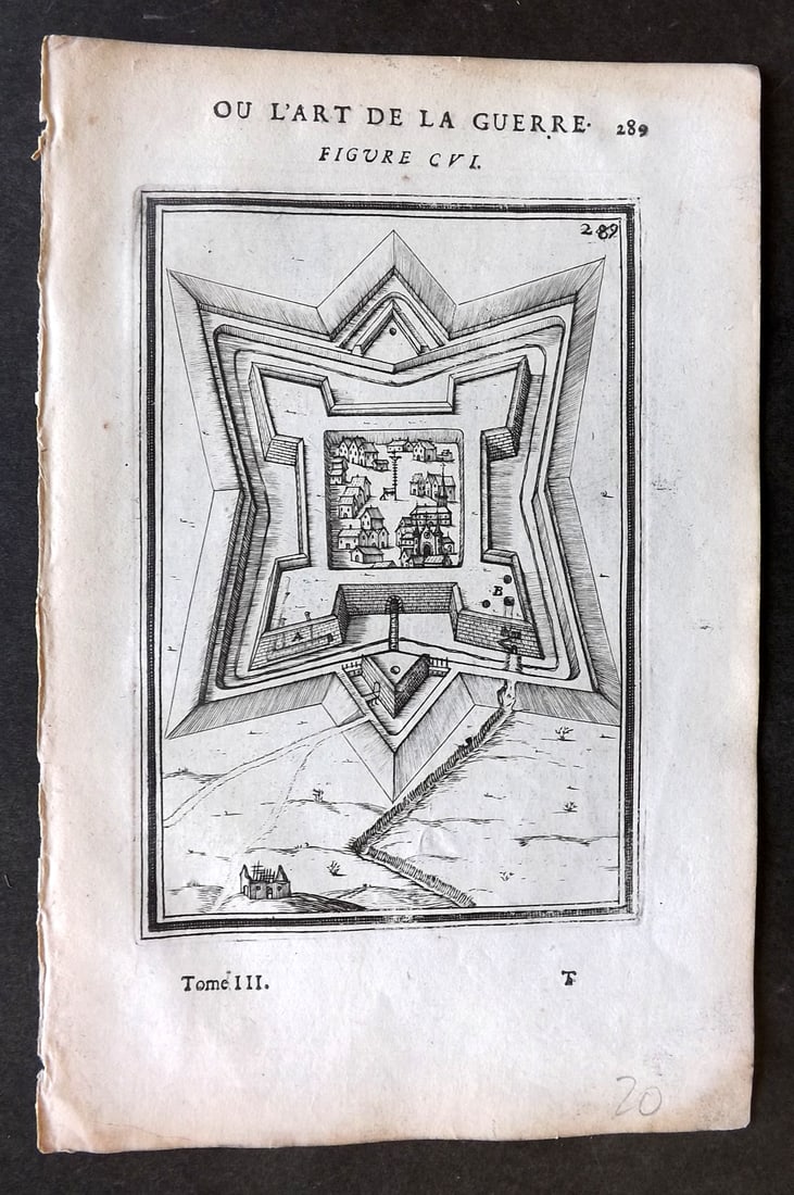 Mallet, Alain 1685 Print. Fortification Design for a French Town: Copper Plate Published 1684-85, Paris for "Les Travaux de Mars, Ou l'Art de la Guerre" First Edition by Alain Manesson Mallet. Unrelated French text to verso. Paper Size: 8 x 5.5 inch (21 x 14cm) Tiny