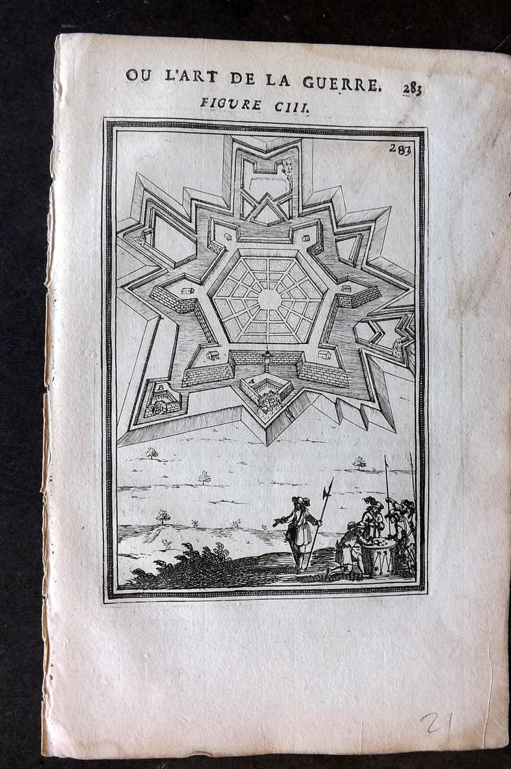 Mallet, Alain 1685 Print. Fortification Design for a French Town: Copper Plate Published 1684-85, Paris for "Les Travaux de Mars, Ou l'Art de la Guerre" First Edition by Alain Manesson Mallet. Unrelated French text to verso. Paper Size: 8 x 5.5 inch (21 x 14cm) Tiny