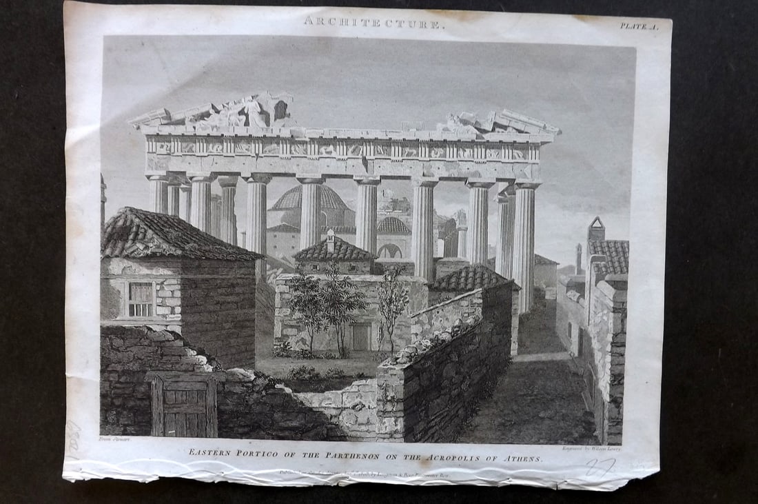 Wilkes, John 1803 Print. Parthenon, Athens, Greece: Copper Plate Published 1796-1828 London for "Encyclopaedia Londinensis, or universal dictionary of arts, sciences and literature" by John Wilkes et al. Paper Size: 10.5 x 8.5 inch (27 x 22cm) Minor wa