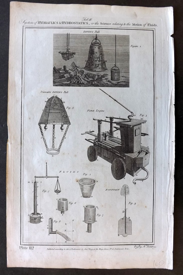 Howard, George 1796 Folio Print. Diving Bell, Fire Engine etc. Hydraulics 112: Folio Copper Plate Published C1790-1796, London for "The New Royal Encyclopaedia Londinensis" by George Selby Howard. Paper Size: 17 x 10 inch (43 x 26cm) Minor toning, otherwise fine