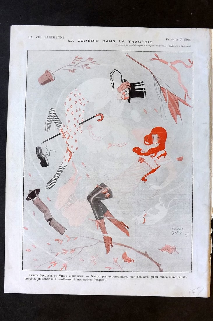 La Vie Parisienne 1917 Art Deco Print. La Comedie dans la Tragedie by Giris: Lithographs Published 1917, Paris for "La Vie Parisienne" Illustrated by Lissac, Barbier, Vallet, Valee, Prejelan, Herouard, Fournier, Kuhn-Regnier, Georges L?onnec and others. Verso text, but none sh