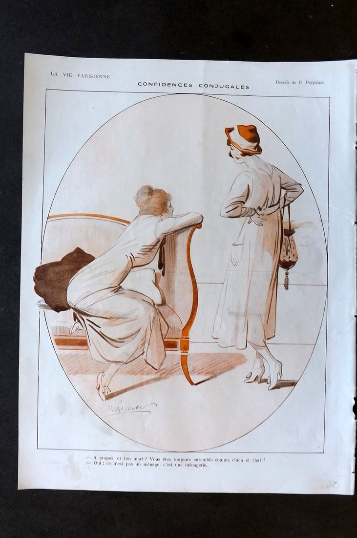 La Vie Parisienne 1917 Art Deco Print. Confidences Conjugales by Prejelan: Lithographs Published 1917, Paris for "La Vie Parisienne" Illustrated by Lissac, Barbier, Vallet, Valee, Prejelan, Herouard, Fournier, Kuhn-Regnier, Georges L?onnec and others. Verso text, but none sh