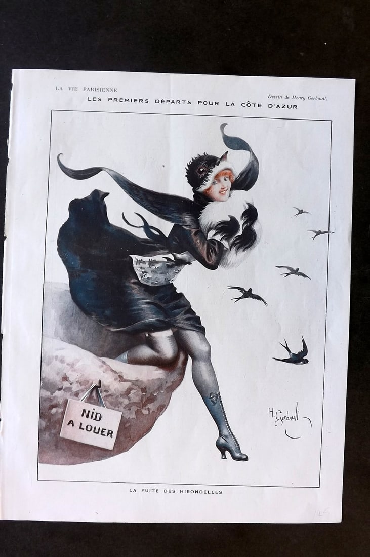 La Vie Parisienne 1917 Art Deco Print. Les Premiers departs pour la Cote d'Azur by Gerbaull: Lithographs Published 1917, Paris for "La Vie Parisienne" Illustrated by Lissac, Barbier, Vallet, Valee, Prejelan, Herouard, Fournier, Kuhn-Regnier, Georges L?onnec and others. Verso text, but none sh