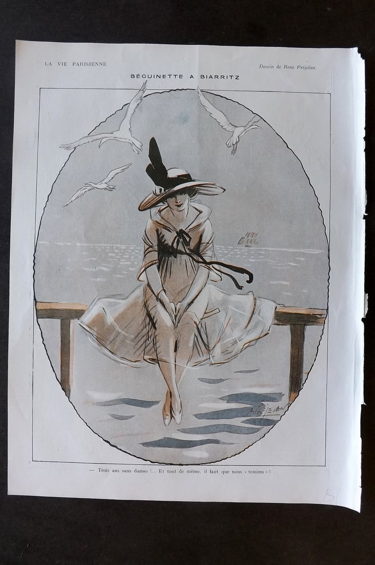 La Vie Parisienne 1917 Art Deco Print. Beguinette a Biarritz by Prejelan: Lithographs Published 1917, Paris for "La Vie Parisienne" Illustrated by Lissac, Barbier, Vallet, Valee, Prejelan, Herouard, Fournier, Kuhn-Regnier, Georges L?onnec and others. Verso text, but none sh