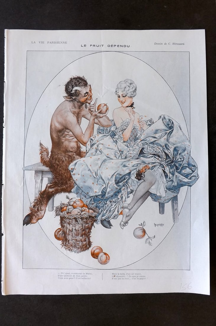 La Vie Parisienne 1917 Art Deco Print. Le Fruit Dependu by Herouard: Lithographs Published 1917, Paris for "La Vie Parisienne" Illustrated by Lissac, Barbier, Vallet, Valee, Prejelan, Herouard, Fournier, Kuhn-Regnier, Georges L?onnec and others. Verso text, but none sh