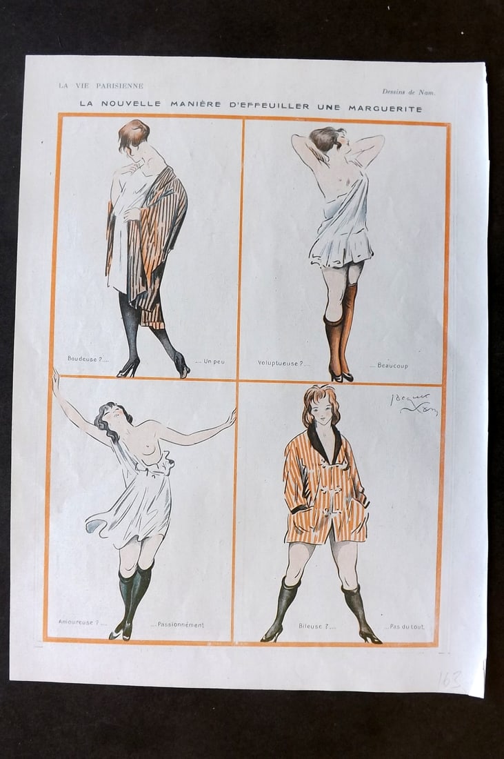 La Vie Parisienne 1917 Art Deco Print. La Nouvelle Maniere d'Effeuiller une Marguerite by Nam: Lithographs Published 1917, Paris for "La Vie Parisienne" Illustrated by Lissac, Barbier, Vallet, Valee, Prejelan, Herouard, Fournier, Kuhn-Regnier, Georges L?onnec and others. Verso text, but none sh