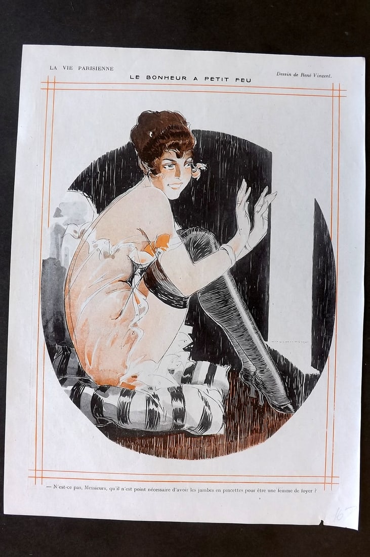 La Vie Parisienne 1917 Art Deco Print. Le Bonheur a Petit Feu by Rene Vincent: Lithographs Published 1917, Paris for "La Vie Parisienne" Illustrated by Lissac, Barbier, Vallet, Valee, Prejelan, Herouard, Fournier, Kuhn-Regnier, Georges L?onnec and others. Verso text, but none sh