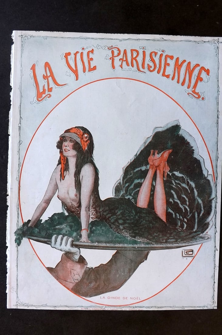 La Vie Parisienne 1917 Art Deco Print. La Dinde de Noel by Leonnec: Lithographs Published 1917, Paris for "La Vie Parisienne" Illustrated by Lissac, Barbier, Vallet, Valee, Prejelan, Herouard, Fournier, Kuhn-Regnier, Georges L?onnec and others. Verso text, but none sh