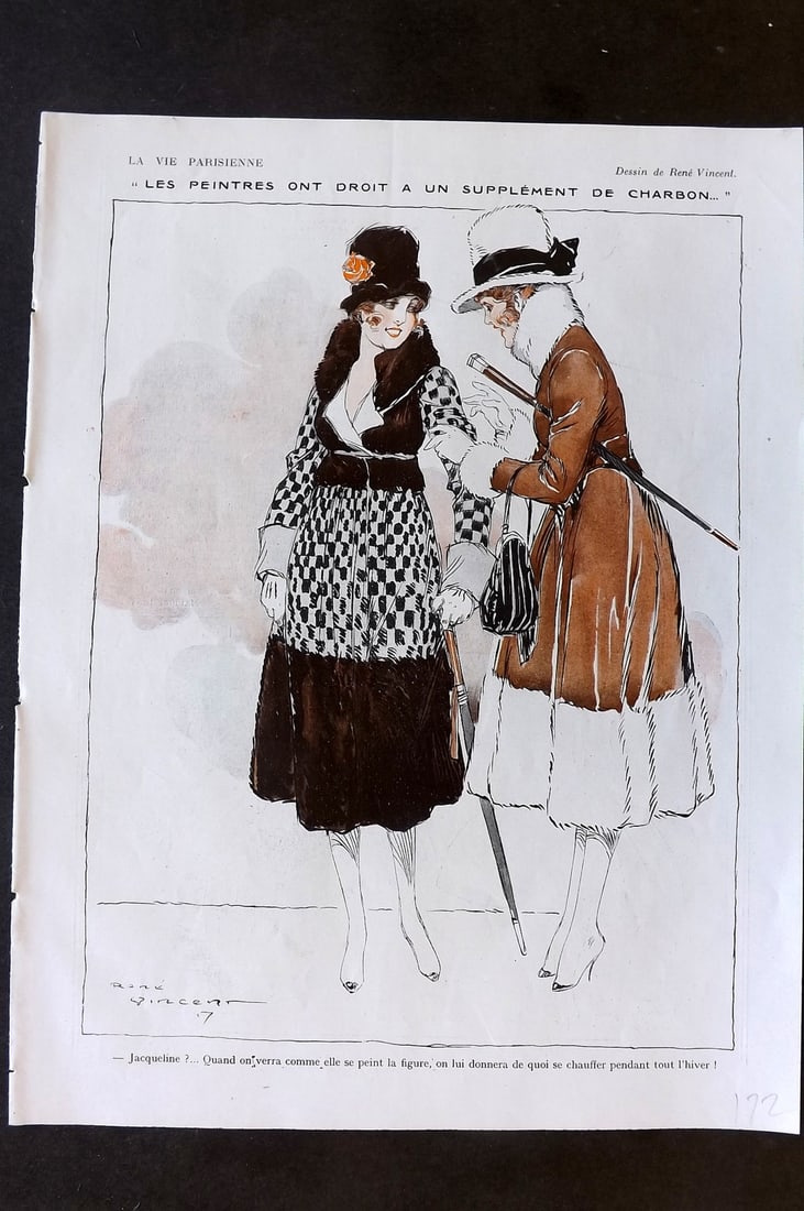 La Vie Parisienne 1917 Art Deco Print. Les Peintres ont Droit a un Supplement de Charbon by Vincent: Lithographs Published 1917, Paris for "La Vie Parisienne" Illustrated by Lissac, Barbier, Vallet, Valee, Prejelan, Herouard, Fournier, Kuhn-Regnier, Georges L?onnec and others. Verso text, but none sh