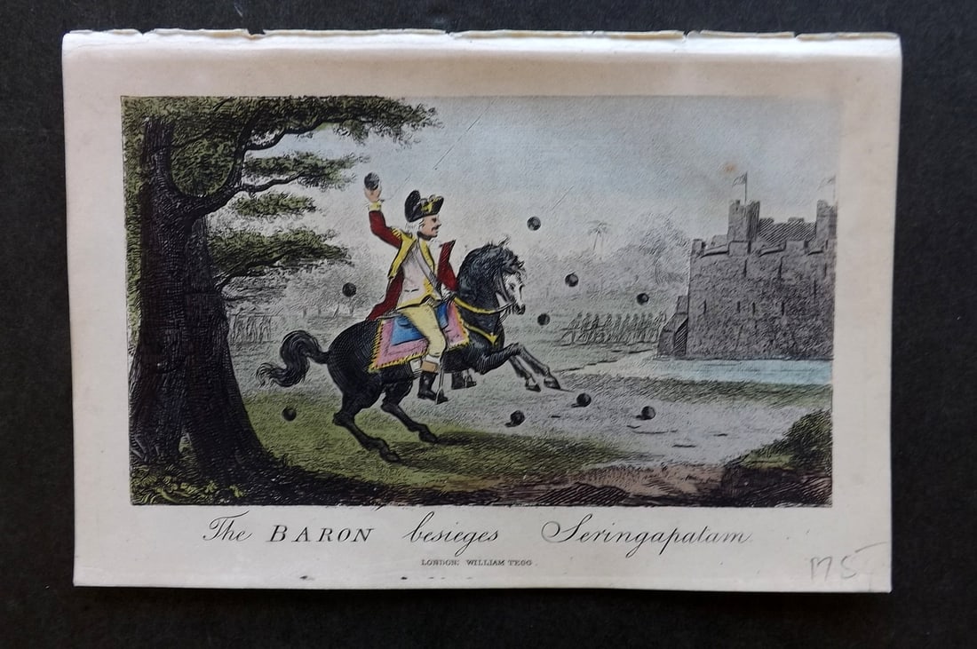 Munchausen & Cruikshank 1877 HC Satire Print. The Baron besieges Seringapatam (1 of 1)