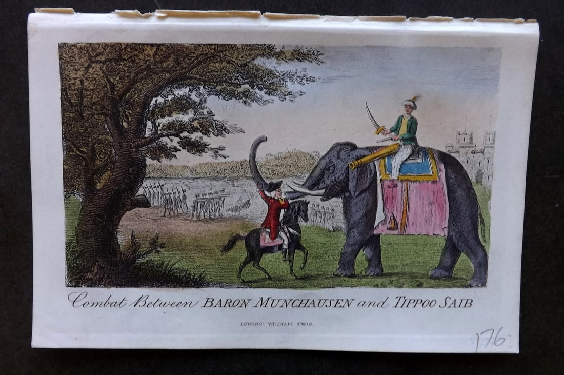 Munchausen & Cruikshank 1877 HC Satire Print Combat between Baron & Tippoo Saib (1 of 1)
