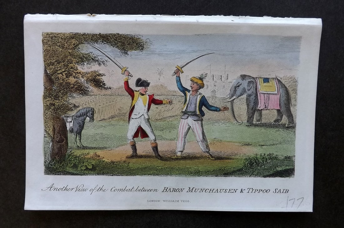 Munchausen & Cruikshank 1877 HC Satire Combat between Baron & Tippoo Saib India (1 of 1)