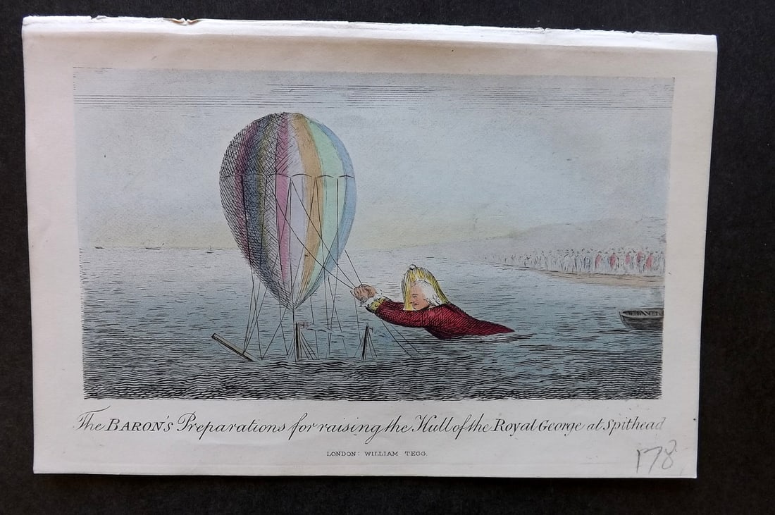 Munchausen & Cruikshank 1877 HC Satire Print. Raising the Hull, Spithead Balloon (1 of 1)
