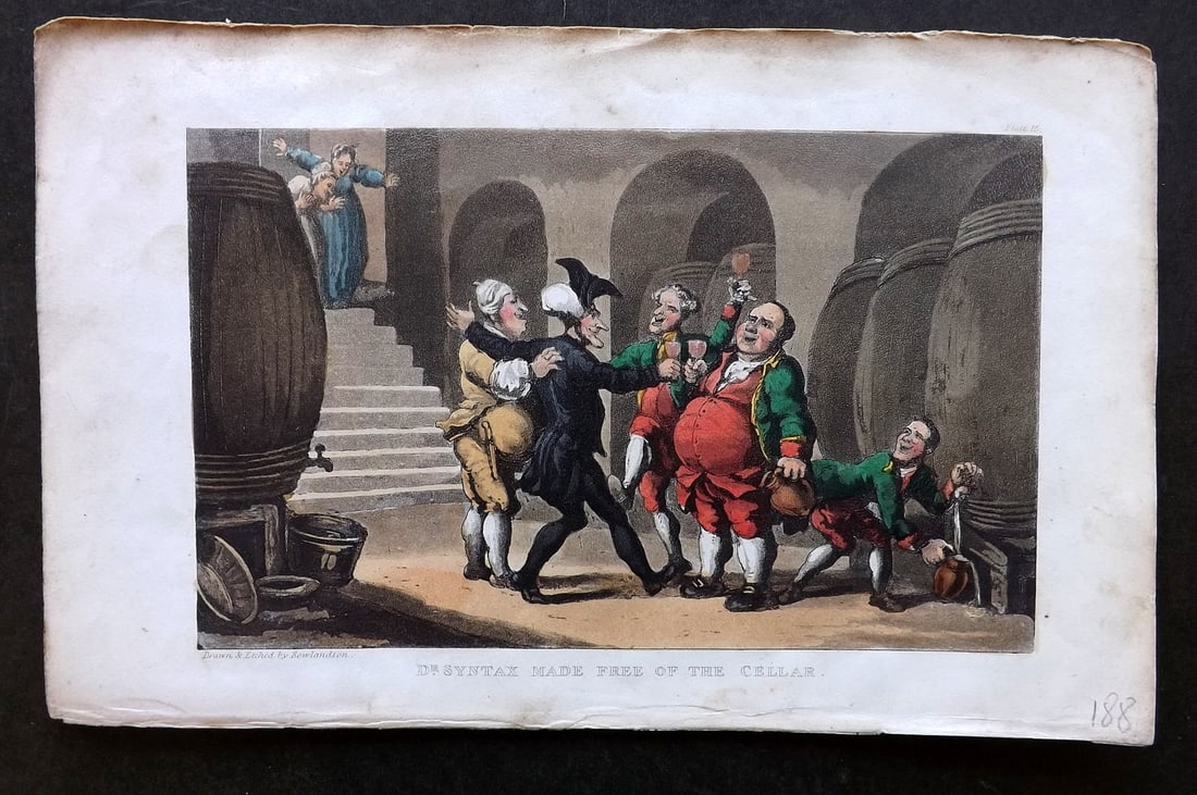 Rowlandson, Thomas 1855 HCol Doctor Syntax Satire Print. Made free of the Cellar. Wine Print (1 of 1)