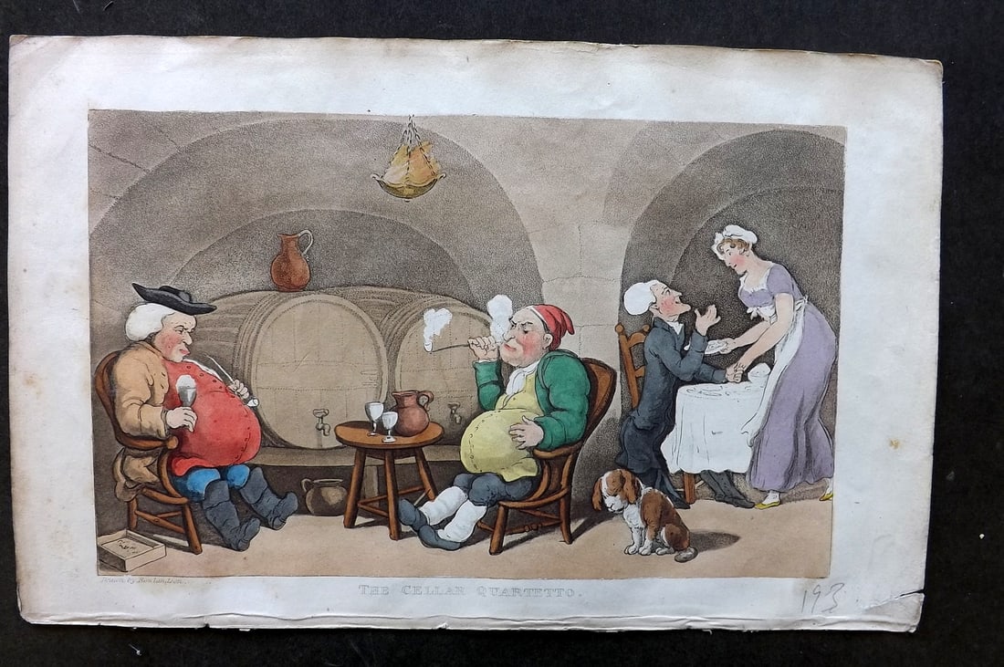 Rowlandson, Thomas 1855 HCol Doctor Syntax Satire Print. The Cellar Quartetto. Wine Print Smoking (1 of 1)