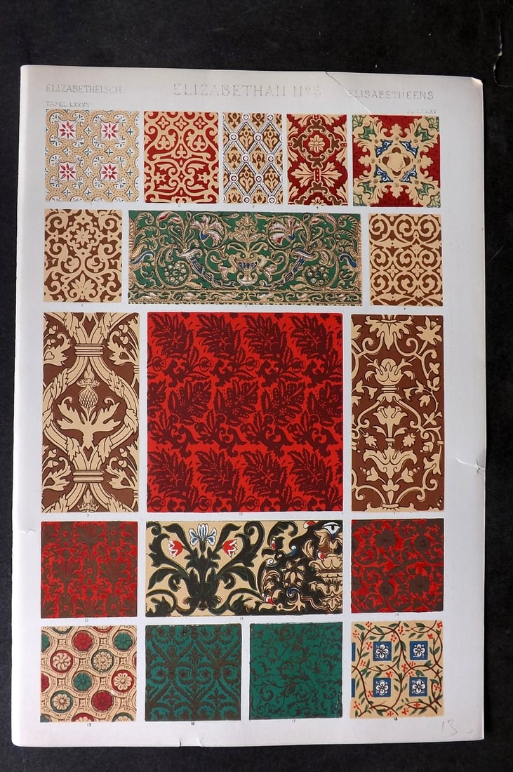 Jones, Owen 1910 Folio Design Print. Elizabethan No. 3: Chromolithograph Published 1910 by Bernard Quaritch, London for "The Grammar of Ornament" by Owen Jones. Paper Size: 13 x 9 inch (33 x 23cm) Good Condition