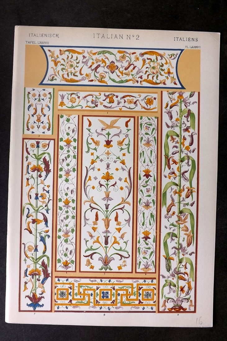 Jones, Owen 1910 Folio Design Print. Italian No. 2: Chromolithograph Published 1910 by Bernard Quaritch, London for "The Grammar of Ornament" by Owen Jones. Paper Size: 13 x 9 inch (33 x 23cm) Good Condition