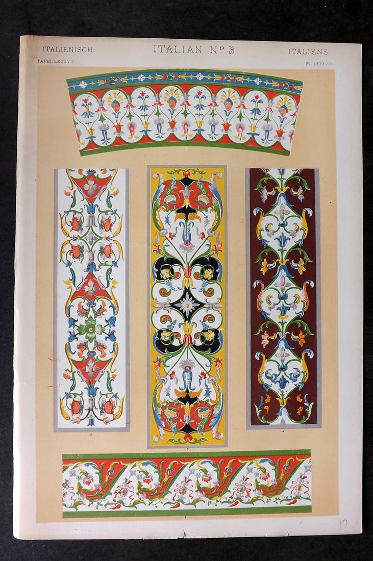 Jones, Owen 1910 Folio Design Print. Italian No. 3: Chromolithograph Published 1910 by Bernard Quaritch, London for "The Grammar of Ornament" by Owen Jones. Paper Size: 13 x 9 inch (33 x 23cm) Good Condition
