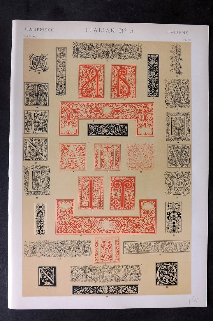 Jones, Owen 1910 Folio Design Print. Italian No. 5: Chromolithograph Published 1910 by Bernard Quaritch, London for "The Grammar of Ornament" by Owen Jones. Paper Size: 13 x 9 inch (33 x 23cm) Good Condition