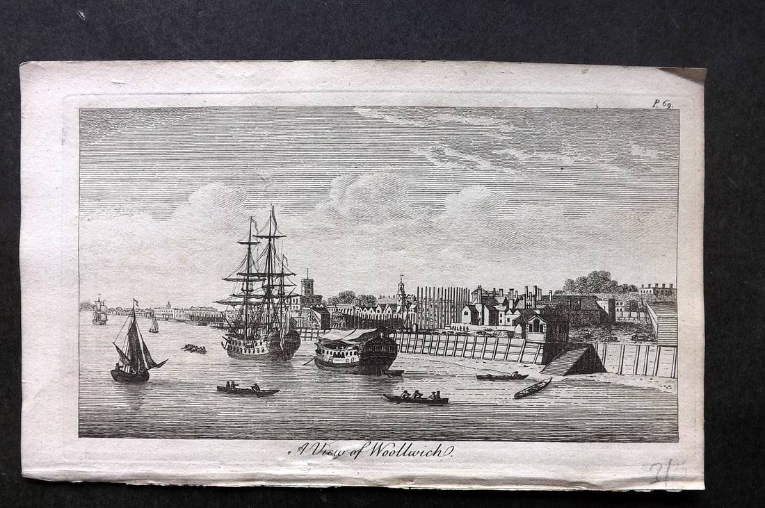 UK 1777 Antique Print. View of Woolwich, London. Ship: Copper Plate Published 1776-77, London for "A New Display of the Beauties of England" Paper Size: 8 x 5 inch (21 x 13cm) Good Condition