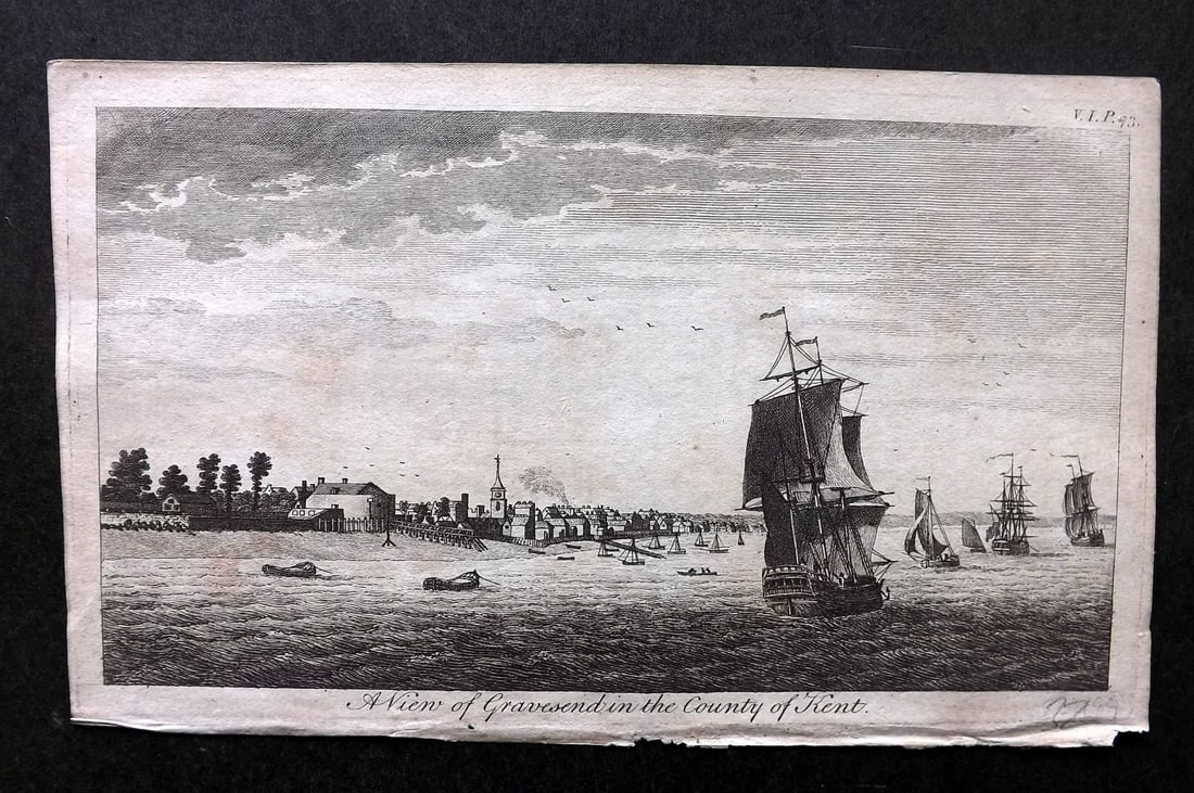 UK 1777 Antique Print. Gravesend in the County of Kent. Ship: Copper Plate Published 1776-77, London for "A New Display of the Beauties of England" Paper Size: 8 x 5 inch (21 x 13cm) Good Condition