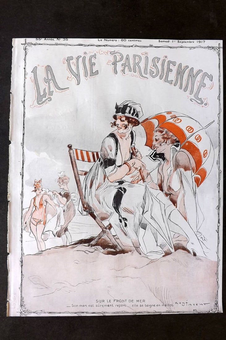 La Via Parisienne 1917 Art Deco Print. Sur le Front de Mer by Rene Vincent: Vintage Lithograph Published 1863-1970 Paris for "La Vie Parisienne" Illustrated by Georges Barbier, Ch?ri H?rouard, Georges L?onnec and others. French Text to verso. Paper Size: 13.5 x 10 inch (34 x 