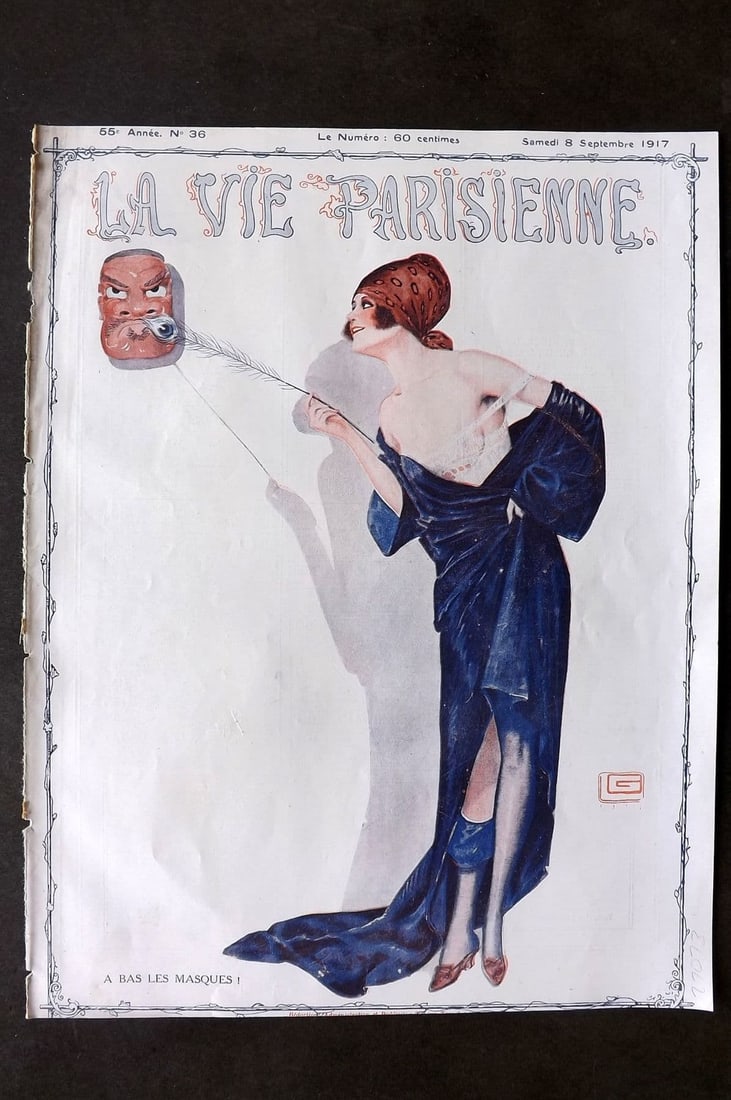 La Via Parisienne 1917 Art Deco Print. A Bas les Masques by Leonnec: Vintage Lithograph Published 1863-1970 Paris for "La Vie Parisienne" Illustrated by Georges Barbier, Ch?ri H?rouard, Georges L?onnec and others. French Text to verso. Paper Size: 13.5 x 10 inch (34 x 