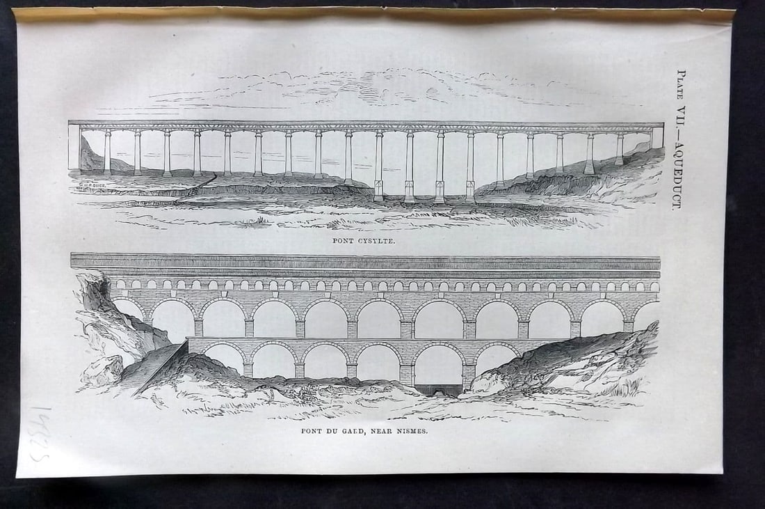 Beeton 1870 Antique Print. Pont du Gard, near Nismes 07: Antique Wood Engraving (Reverse side blank) Published 1870, London for "Beeton's Science, Art, and Literature..." by Samuel Orchart Beeton. Paper Size: 8 x 5.5 inch (21 x 14cm) Good Condition
