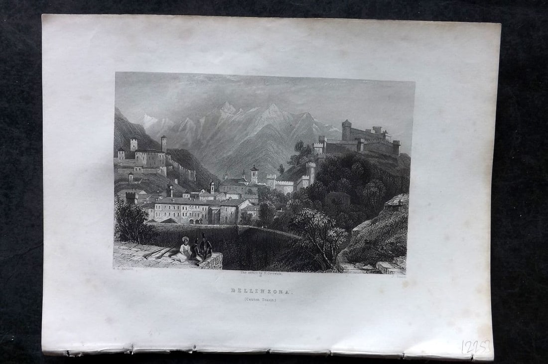 Costello - Piedmont and Italy 1861 Antique Print. Bellinzona, Tessin, Switzerland: Antique Steel Engraving Published 1861, London for "Piedmont and Italy, from the Alps to the Tiber..." by Dudley Costello. Illustrated by Bartlett, Brockedon and others. Paper Size: 10.5 x 8 inch (27 