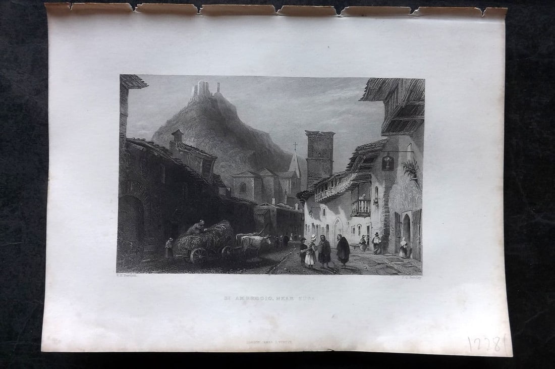 Costello - Piedmont and Italy 1861 Antique Print. St. Ambrogio near Susa Valley: Antique Steel Engraving Published 1861, London for "Piedmont and Italy, from the Alps to the Tiber..." by Dudley Costello. Illustrated by Bartlett, Brockedon and others. Paper Size: 10.5 x 8 inch (27 