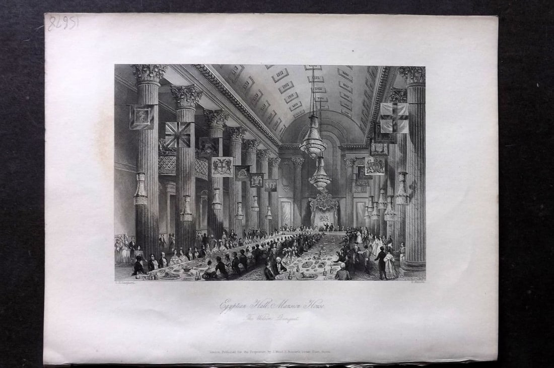 London Interiors 1844 Antique Print. Egyptian Hall, Mansion House: Antique Steel Engraving Published 1841-4 by Joseph Mead, London for "London Interiors" Paper Size: 10.5 x 8 inch (27 x 21cm) Minor margin toning.