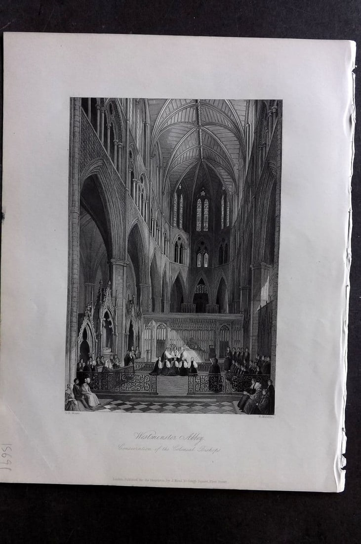 London Interiors 1844 Print. Westminster Abbey. Consecration of Col. Bishops: Antique Steel Engraving Published 1841-4 by Joseph Mead, London for "London Interiors" Paper Size: 10.5 x 8 inch (27 x 21cm) Good Condition