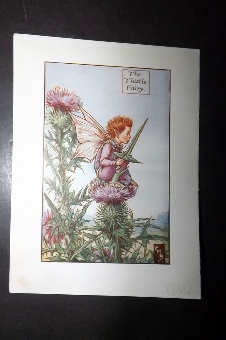 Cicely Mary Barker 1940's Flower-Fairy Print. Thistle Fairy: Vintage Lithograph Published C1935-45 by Blackie & Son, London & Glasgow for the "Flower-Fairies" Series by Cicely Mary Barker. Reverse side blank. Paper Size: 5.5 x 4 inch (14 x 10cm)